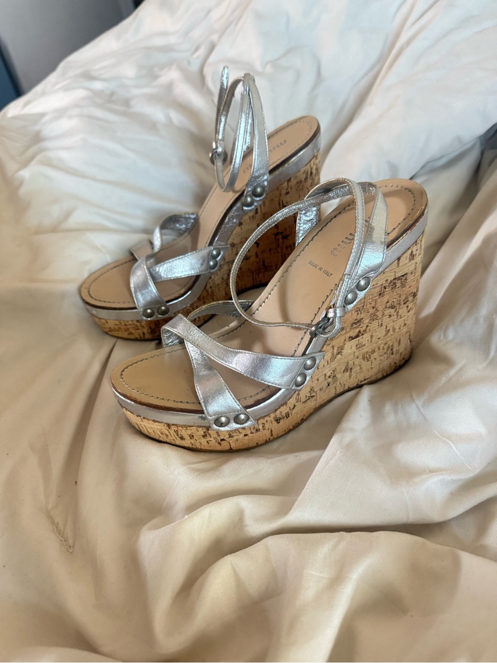 Silver Metallic Cork Wedge Sandals with Ankle Strap